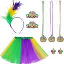 Mardi Mardi Gras Costume Accessory Set Faux Feather Headband Necklaces Earrings Bracelets Bowknot Skirt for Women Mardi Gras Theme Parties Green