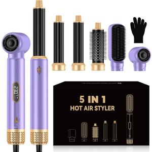 5 in ONE Blow Dryer Brush with LCD Display, Upgrade Hair Dryer Brush Air Curling Wrap Styler, Ionic Round Brush Blow Dryer for Women, Hot Air Brush Hair Styling Tools 100-120V