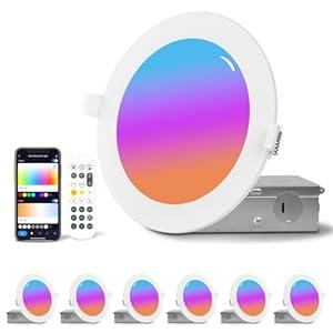 6Pack Smart led RGB Recessed Lighting 6Inch, Color Changing Canless LED Downlight with Remote Control, 2700K-6500K, 2.4GHz Wi-Fi Bluetooth 12W 1200lm, Work with Tuya App, Alexa & Google Assistant