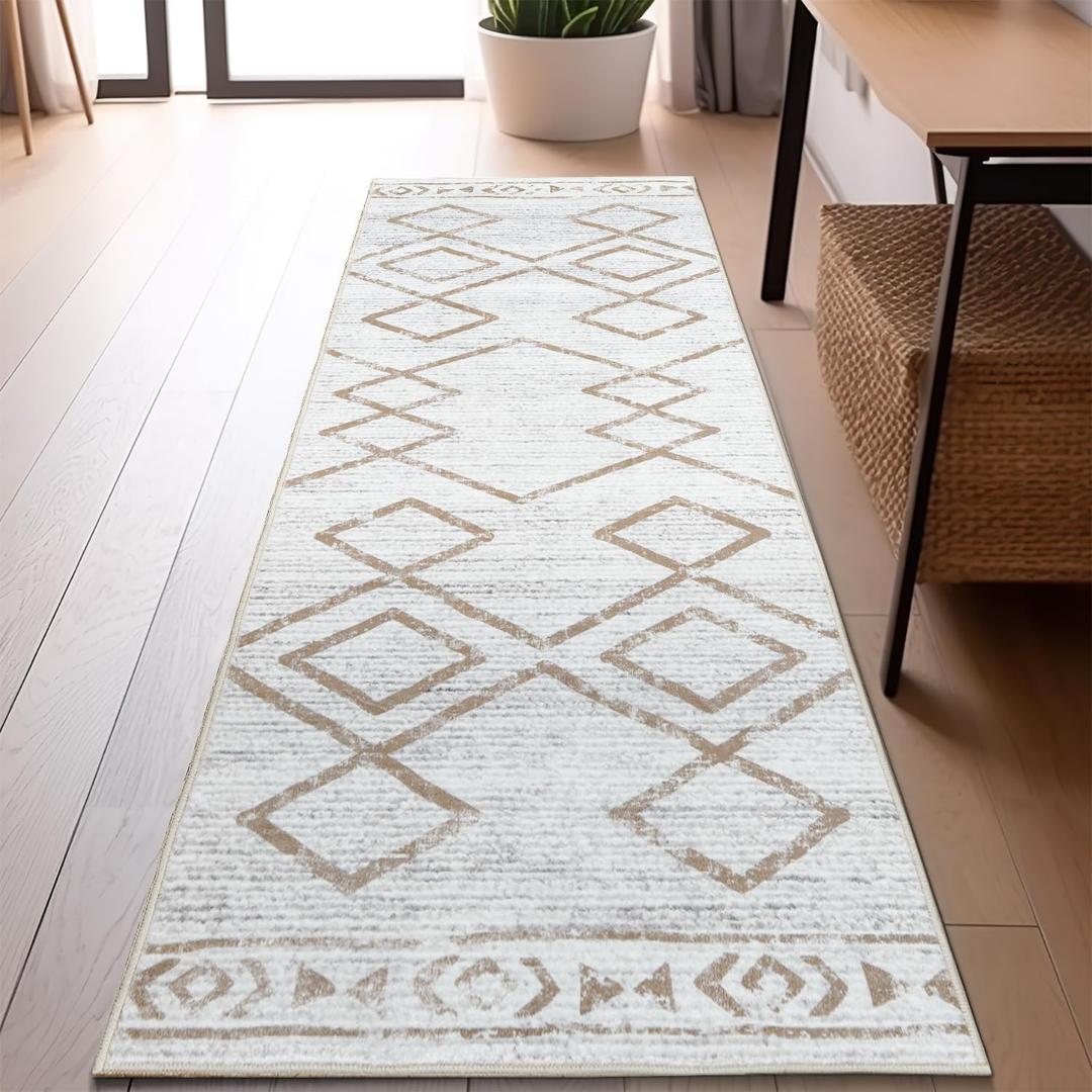 jinchan Moroccan Runner Rug 2x5 - Kitchen Machine Washable Runner Rug Modern Geometric Soft Low-Pile Lightweight Non-Slip Carpet for Entryway Hallway Laundry Room Bedroom Farmhouse (2x5ft, Taupe)