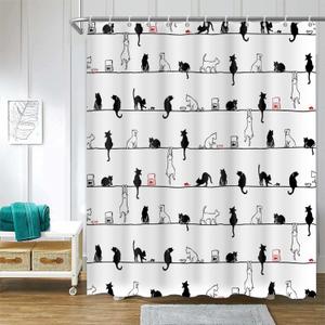 ChloropLastid Funny Cat Shower Curtain Black and White Cartoon Pet Cats Shower Curtain for Bathroom Cartoon Cute Kitten Decor Fabric Waterproof Curtain 72x72 Inches Include Hook