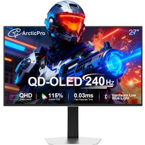 ArcticPro 27inch QD-OLED Gaming Monitor, 240Hz, 0.03ms(GtG), QHD 2560x1440p, 145% sRGB, Height Adjustable Vertical/Horizontal Rotating, Eye-Care, HDMI*2, DP*2, Built-in Speakers*2, 1500000:1 Contrast