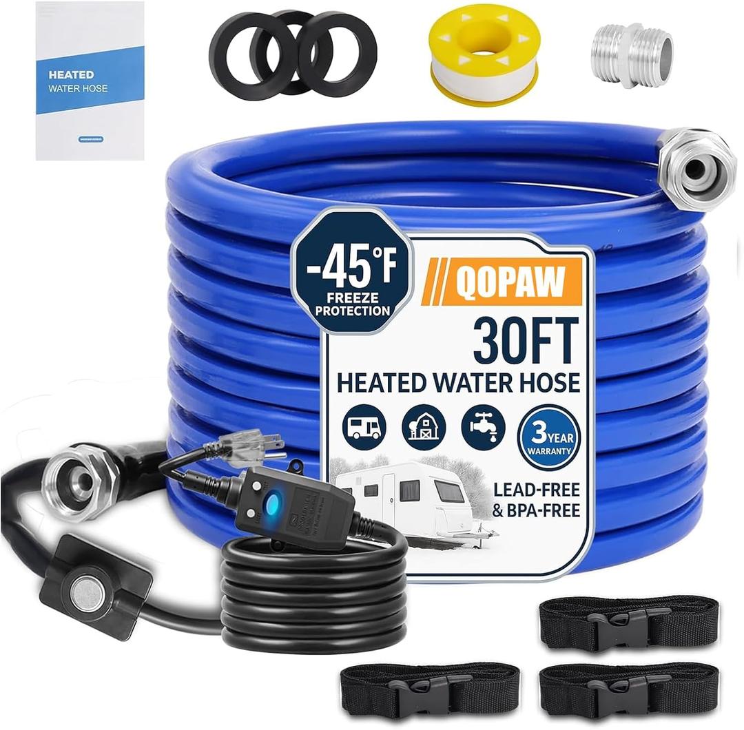 30FT Heated Water Hose for RV, -45F Freeze-Proof Drinking Water Hose with Thermostat, 5/8" ID, BPA-Free Lead-Free, Flexible Winter Antifreeze Hose for RV, Camping, Garden