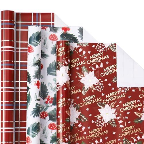 LeZakaa Christmas Red Wrapping Paper Roll - Mini Roll - Mushroom Printing, Flower Metallic Foil, Red Backing Plaid Collections for Christmas Holiday Party - 17 x 120 inches - 3 Rolls (42.5 sq.ft.ttl.)