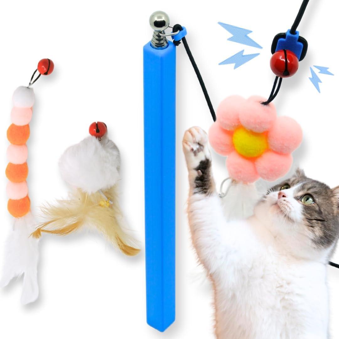 Magnetic Catch Wand (Max 40") Cat Toy  Interactive Telescoping Wand for Indoor Cats and Kittens, Magnetic Easy Catch & Release, Durable Enrichment Toy with 3 Lures (Cyan)