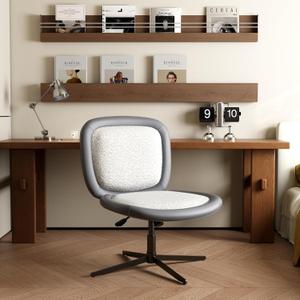 Nordic Armless Ergonomic Office Chair with Wheels, Diamond Tufted PU Leather Computer Chair, Adjustable Height Desk Chair with Solid Wood Back for Small Home Office (No Wheels-Beige)