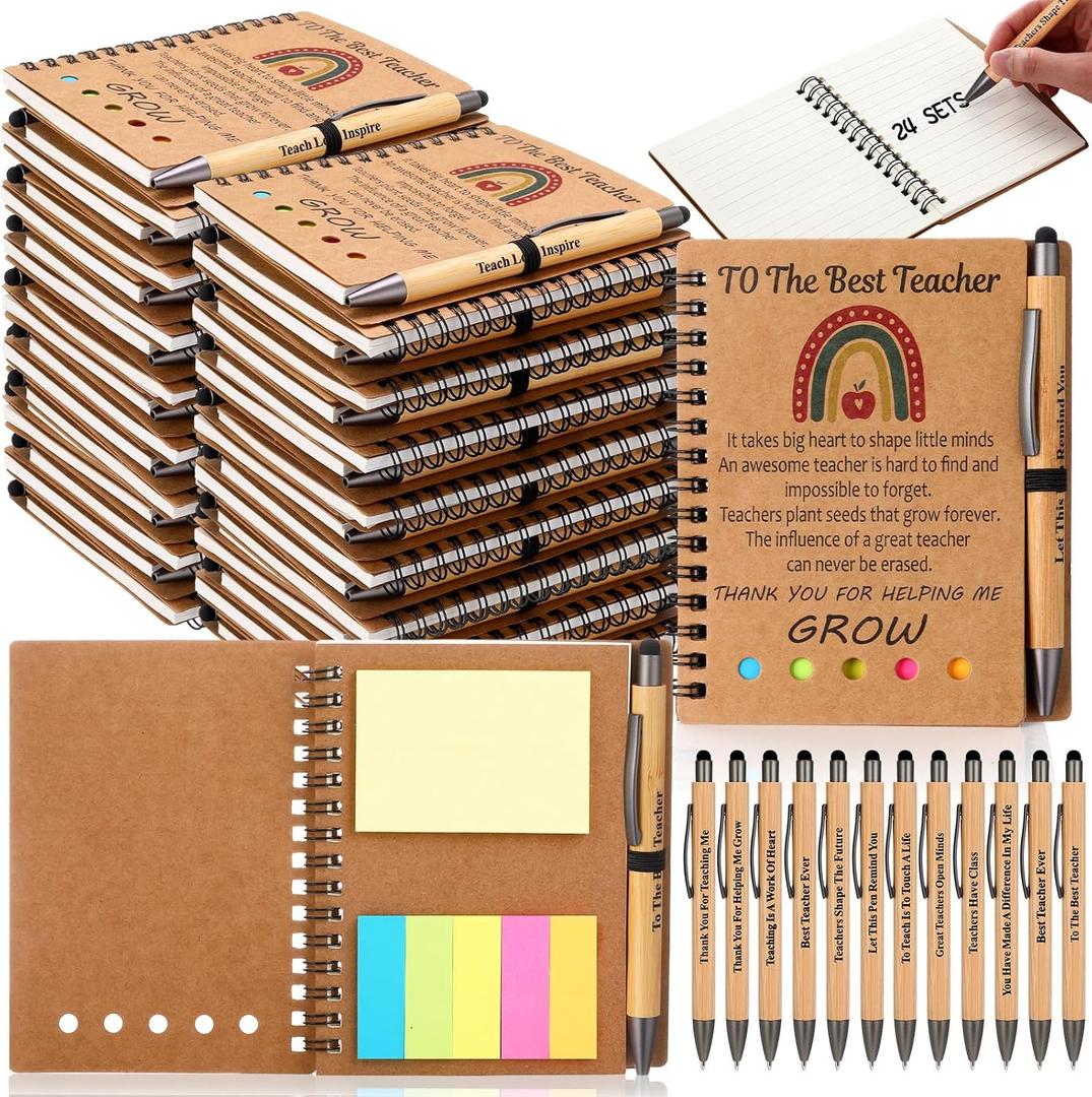Resurhang 48 Pcs/24 Sets Teacher Appreciation Gifts Teacher Week Thank You Appreciation Gifts Notebook with Bamboo Ballpoint Pens, Thank You Notebook Bulk from Students Inspirational Journal