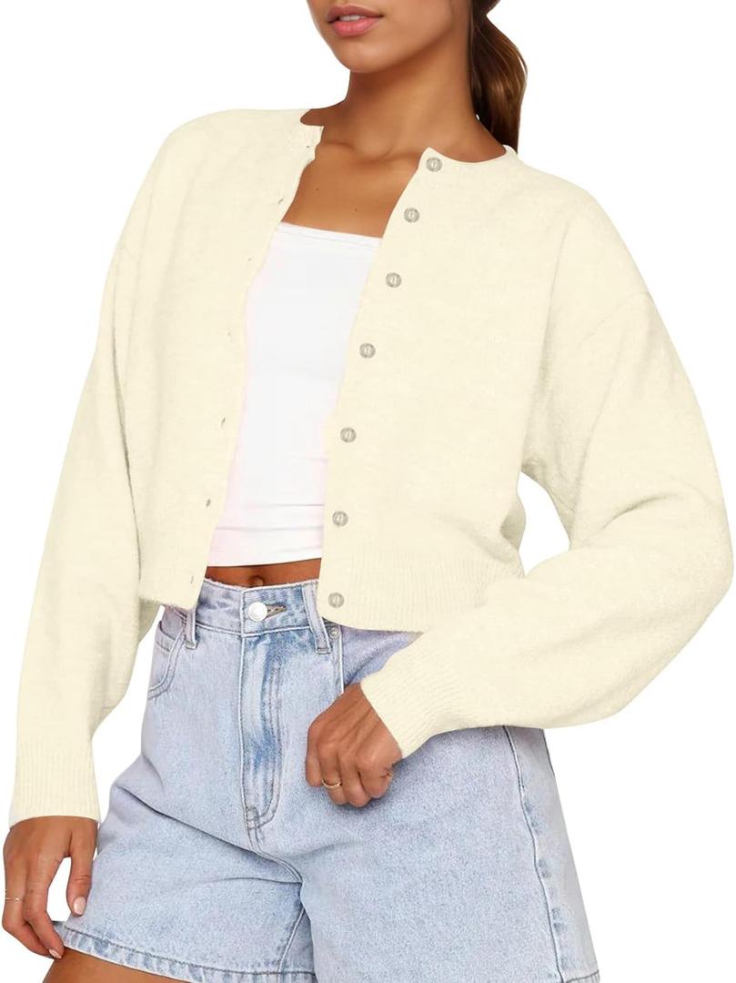 Cioatin Women Y2K Open Front Button Down Crop Sweater Cardigan Long Sleeve Lightweight Knit Pullover Fall Outfits Tops (Small, Cream)