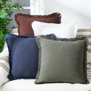 4 Pcs Linen Pillow Covers 18'' x 18'' Cotton Linen Decorative Throw Pillow Cases with Fringed Edges, Soft Washed Cushion Shams Zipper Closure Rustic Home(Minimalist Colors)