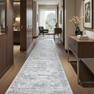 Long Hallway Runner Rug- Carpet Runners for Hallway 12ft, Anti Slip Backing Washable Rug Runner for Bathroom, Entrance, Living Room, Soft Low Pile Modern Rug Runner(2'x12', Grey/Ivory)