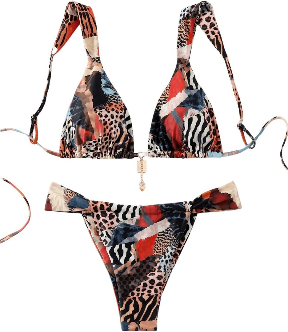 Women's 2 Piece Leopard Floral Bathing Suit Wireless Triangle Swimsuit High Waisted Bikini Sets (Medium, Multicolor)