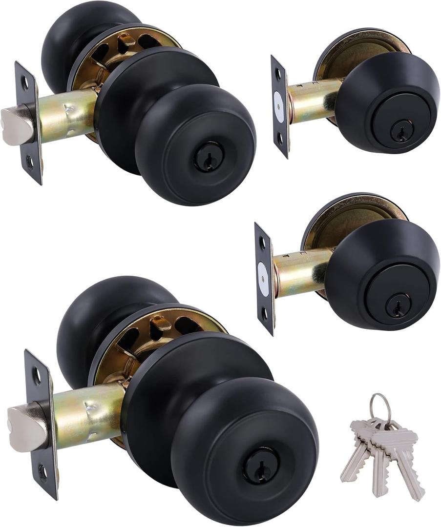 (2 Pack) All Keyed Identical Deadbolt Door knob Single Cylinder Deadbolt Lock Combo Set, Classic Matte Black Exterior Door Knobs with Deadbolt Entrance and Front Door Lock