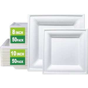 GreenWorks 8 inch and 10 inch Compostable Plates (each 50 Count), 100 Count Bagasse and Bamboo Fiber Disposable Paper Plates