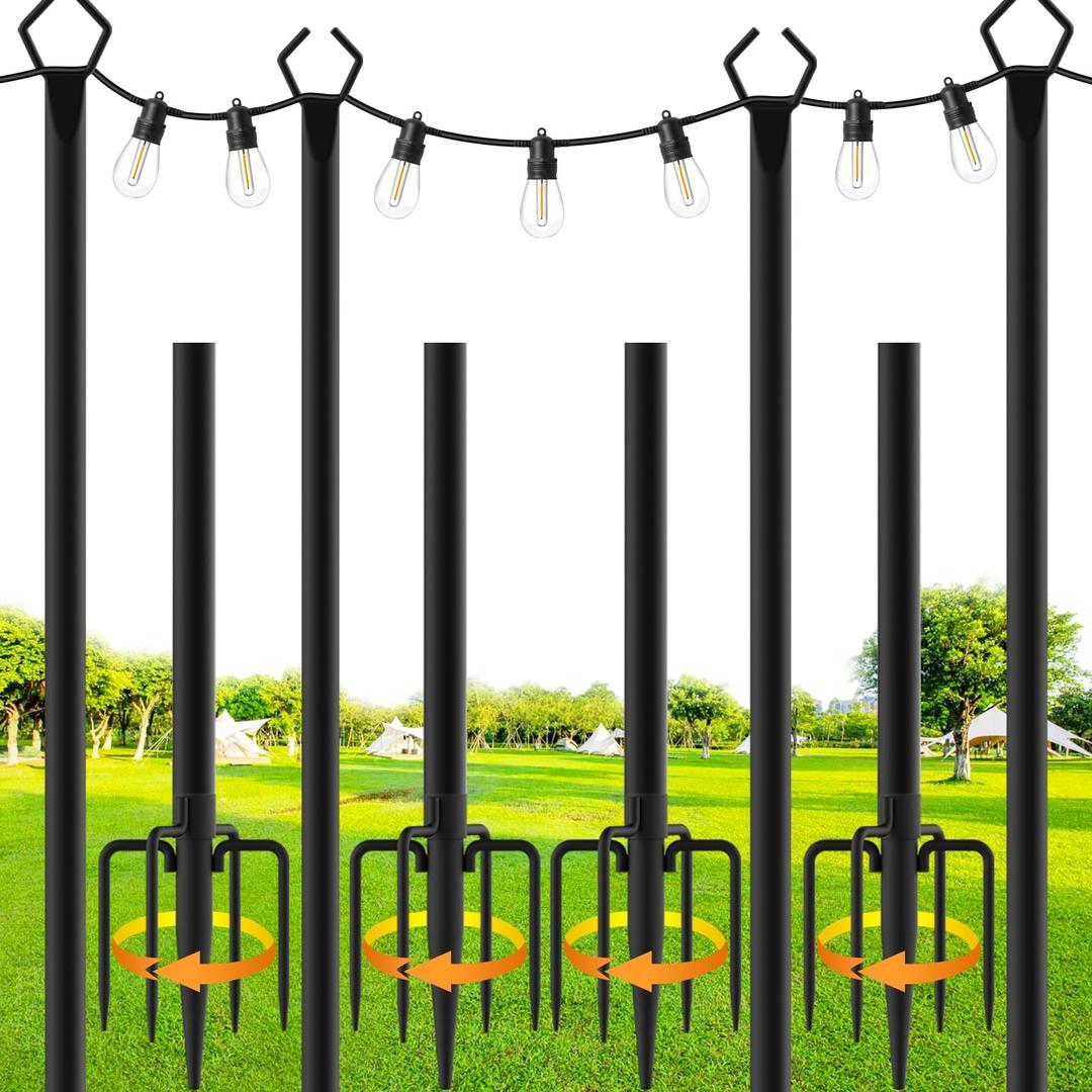 String Light Poles for Outside Metal Poles for Outdoor String Lights, Stand Poles for Deck, Garden, Patio, Wedding, Backyard, Christmas Party 4 Pack