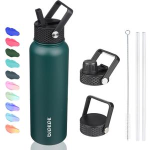 BJPKPK Insulated Water Bottles with Straw Lid, 40oz Stainless Steel Water Bottles with 3 Lids, BPA Free Leakproof Thermos, Tumblers, Cups for Sports, Gym- Army Green