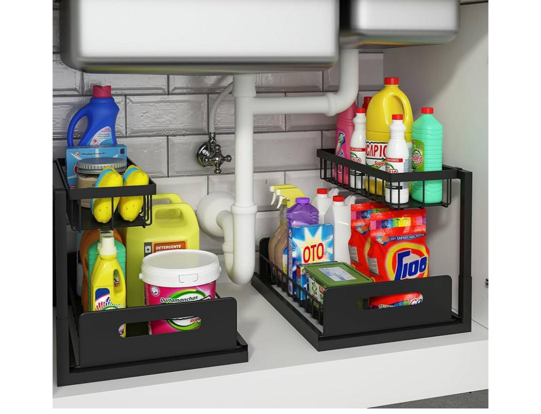 REALINN Under Sink Organizer, Pull Out Cabinet Organizer Slide Out Sink Shelf Cabinet Storage Shelves, Storages for Kitchen Bathroom, Black, 2 Pack
