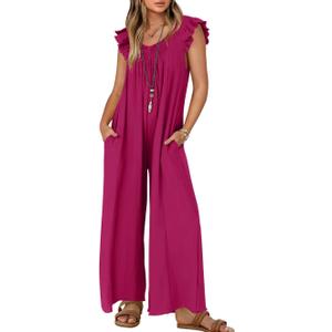 ZESICA Women's Summer Loose Jumpsuit Casual V Neck Sleeveless Oversized Wide Leg Pant Overalls Romper with Pockets | Casual Wide Leg Pant Loose Overalls, Ruffle Sleeves V Neck Long Romper, Solid Color, Beach Vacation One Piece Outfits (Pink, M)