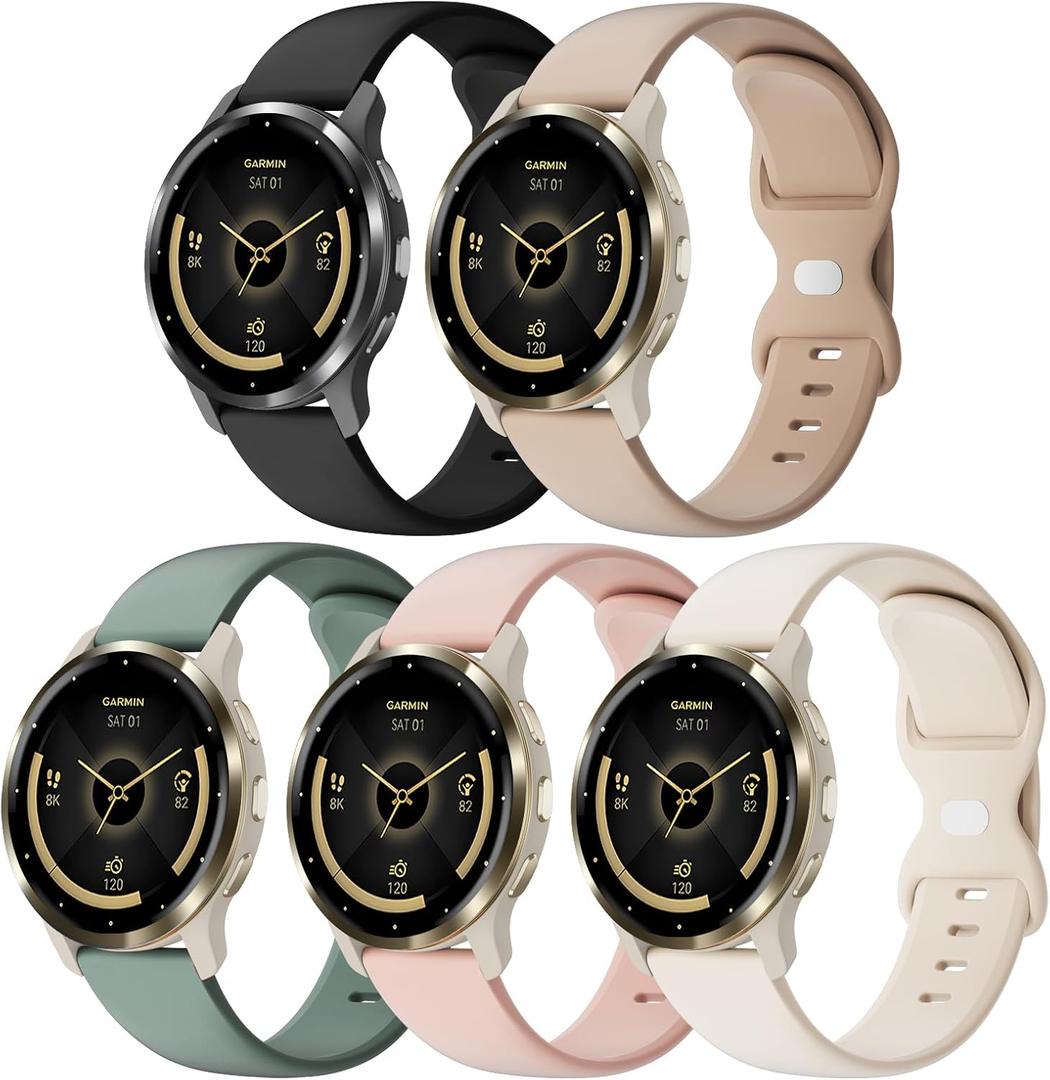 5 Pack 18mm Silicone Watch Band Compatible with Garmin Vivoactive 4S/Vivomove 3S/Venu 3S 41mm/Venu 4 41mm/Venu 2S/Forerunner 255S/265S, Quick Release Soft Sport Straps for Women Men (Apricot/Sand Powder/Milk Tea/Pine Needle Green/Black)