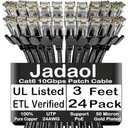 Jadaol Cat6 3ft 24 Pack Patch Cables, 10Gbps High-Speed Ethernet Patch Cables, Support Cat8/7 Network, 24AWG Pure Copper, RJ45 Gold-Plated Connector, LAN Network Cable for Patch Panel to Switch, Black