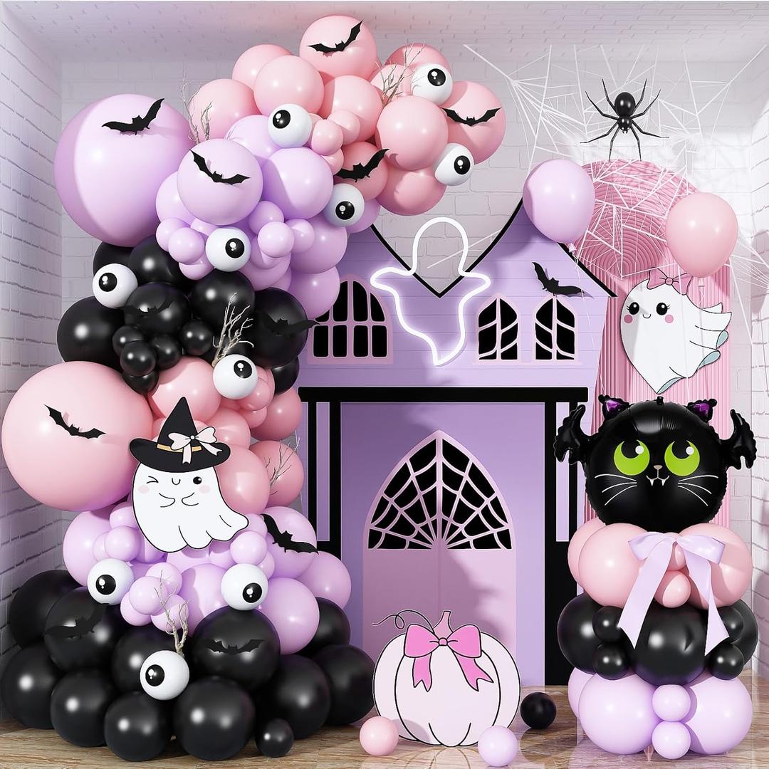 Halloween Balloon Garland Arch Kit, Light Pink Pastel Purple Black Spooky White Eyeball Latex Balloons with Scary 3D Bats Foil Balloon for Kid Halloween Party Decor Indoor Outdoor Backdrop Decorations