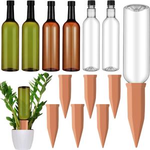 SiliFine 6 Sets Plant Watering Devices Include Terracotta Self Watering Spikes and 26 oz Plastic Bottles, Slow Release Vacation Insert Automatic Plant Waterer Device (Green Clear Brown and Terracotta)