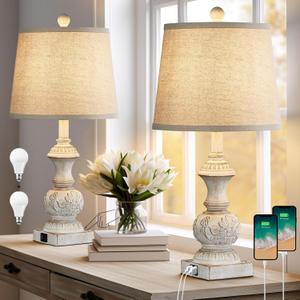 Farmhouse 3 Way Dimmable Touch Table Lamps for Living Room Set of 2 Traditional Rustic Bedside Lamps for Bedroom Nightstand 23.5" Vintage Carved Floral Night Light Lamps with USB Ports Bulb Included
