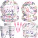 Butterfly First Birthday Plates And Napkins Party Supplies - Girl's 1st Birthday Decorations, Plate, Cup, Napkin, Fork for One-Year-Old Party Tableware | Serves 24