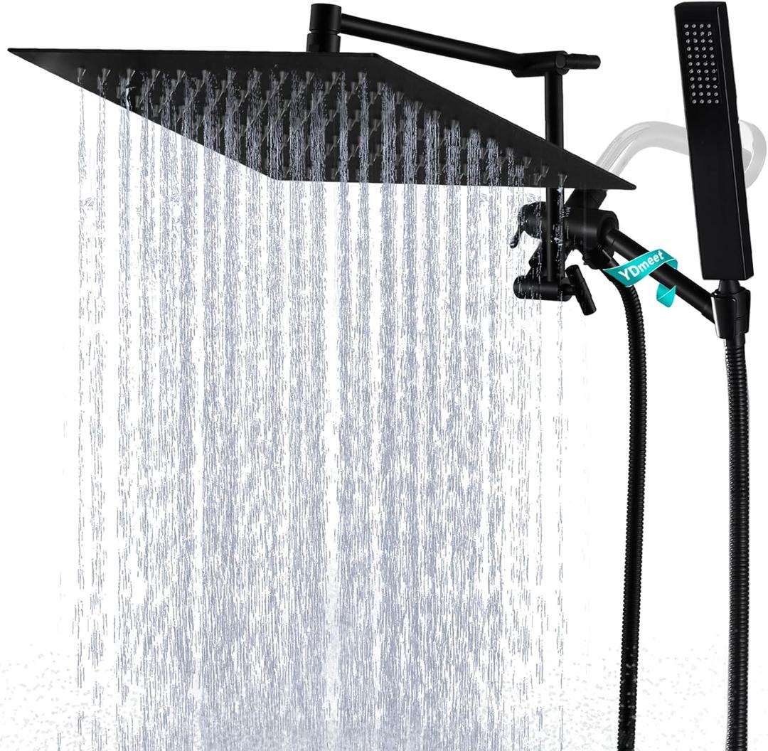 All Metal Rain Shower Head with Handheld Combo, YDmeet 12 Inch Rainfall Shower Head, Stainless Steel Hand Wand, 3 Mode Diverter, 14" Adjustable Extension Arm w/Lock Joints, Extra Long Hose, Black