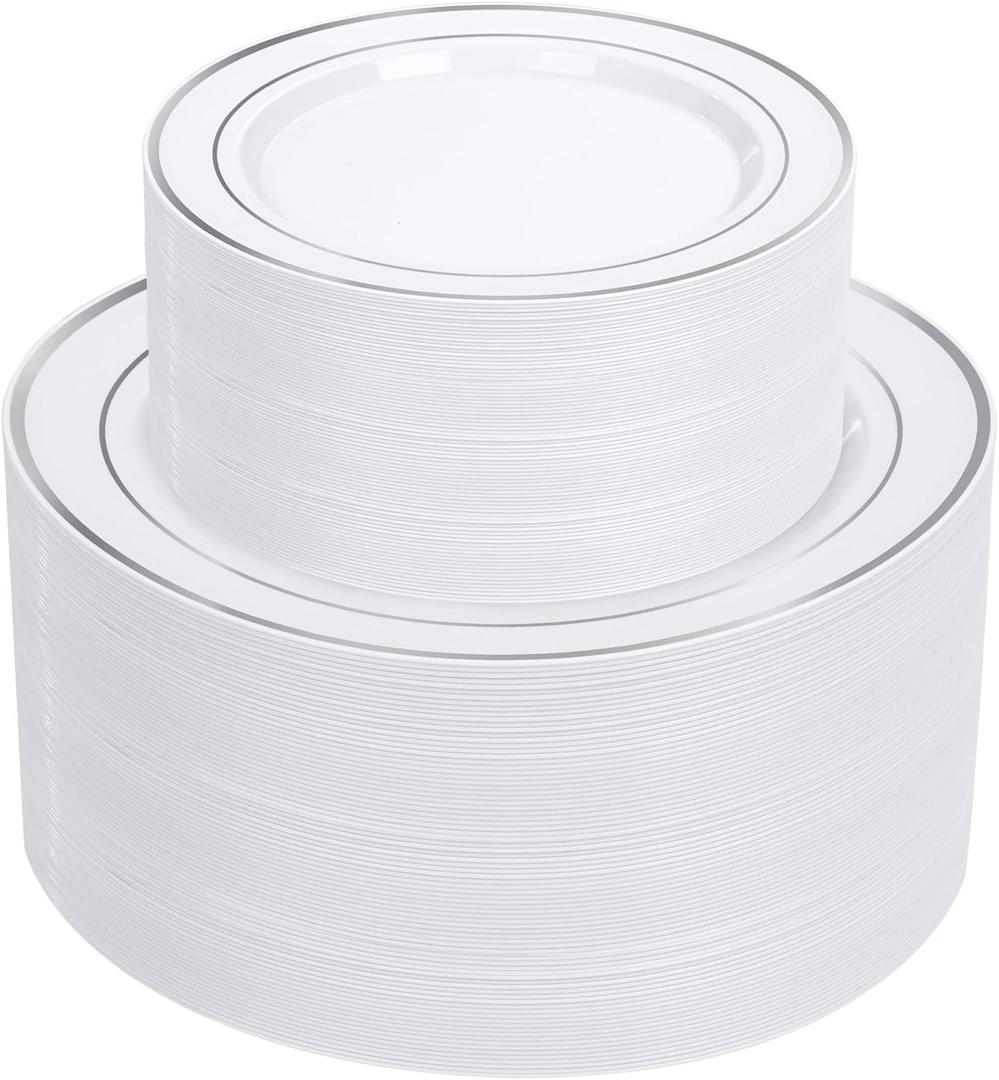 supernal 102pcs White and Silver Plastic Plates Disaposable Heavy Duty, Fancy Silver Plastic Dinnerware Set included 51 Dinner & Dessert Plates for Party,Birthday Graduation Decorations 2025 Deals