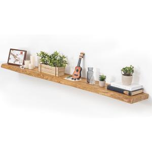 Floating Shelves for Wall, 72"x9.3" Rustic Solid Live-Edge Elm Wood Wall Shelves, Heavy-Duty Floating Shelves with Invisible Brackets for Living Room, Bedroom, and Kitchen, Natural Finish