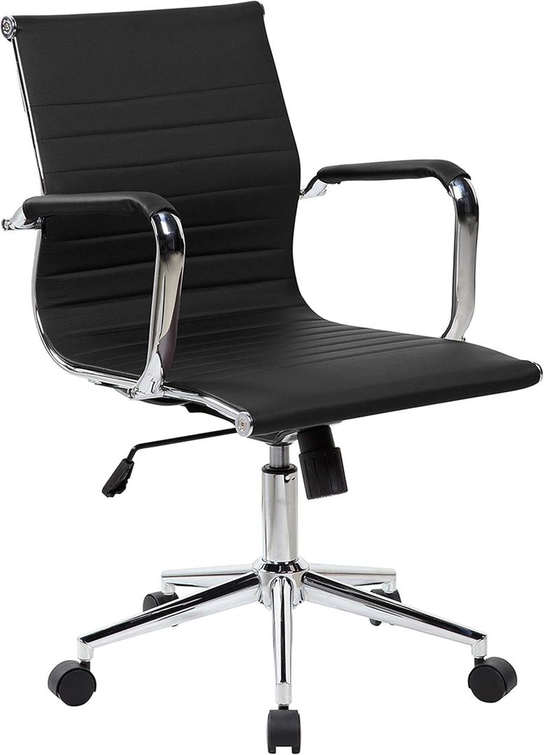 Silla de oficina de piel sinttica con reposabrazos acolchados, silla de escritorio con respaldo medio con base cromada, color negro
