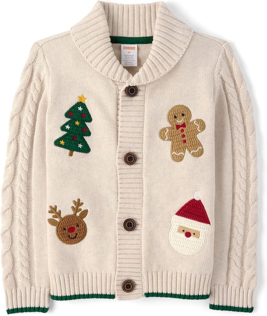 Gymboree Boys and Toddler Long Sleeve Zip Up Hoodie and Cardigan Sweaters (7, Ivroy Holiday Icons)