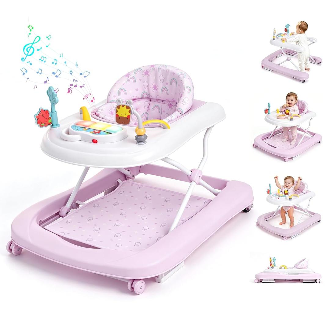 Baby Walker with Wheels, 5-in-1 Foldable Push Walker for Girls, Pink