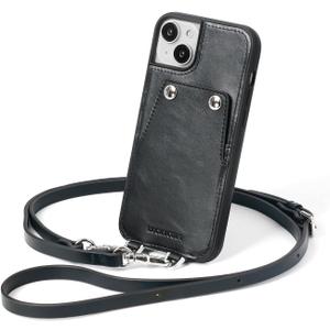 LUCKYCOIN Leather Crossbody Case Compatible with iPhone 15 Plus 6.7 in,Genuine Leather Purse Phone Case with 2 Card Slot for Women,Wallet Case with Adjustable Lanyard Shoulder Strap,Black