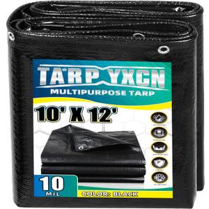 Black Tarp 10x12 Feet, 10 Mil Thick Waterproof Poly Tarps Cover UV Resistant, Rip & Tear Proof with Metal Grommets Every 20 Inches