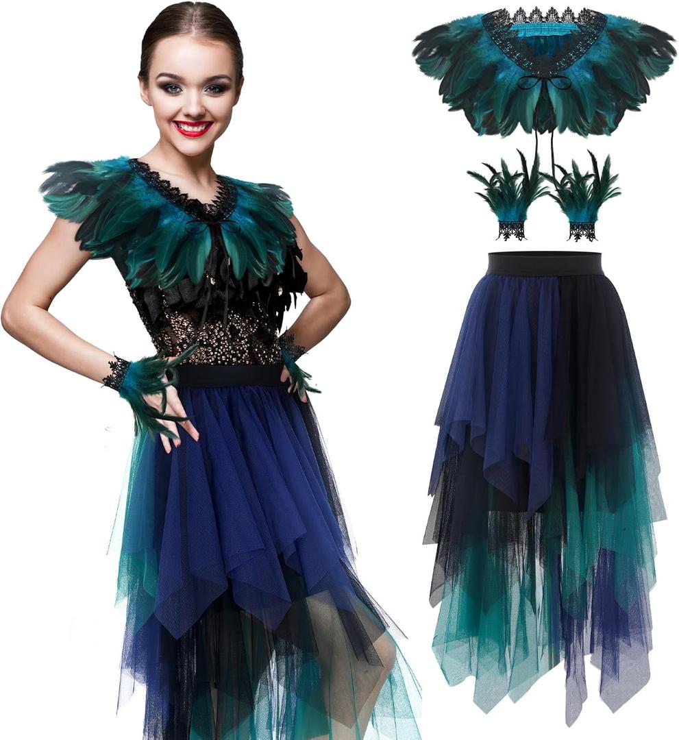 Sintege 3 Pcs Women's Peacock Costume Set Gothic Natural Feather Shawl Wrist Bracelet Multi-layered Tulle Skirt Halloween Witch Shawl Costumes