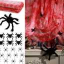 20 Pcs Halloween Creepy Cloth with Black Fake Spiders Realistic Large Spider Web Decoration Scary Props for Haunted Horror Yard Window Doorway Outdoor Halloween Themed Decorations(Blood)
