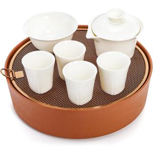 7 Pcs Chinese Gongfu Tea Set, Ceramic Japanese Tea Set for Adults, White Gaiwan Teapot with Large Tea Tray & 5 Tea Cups, Giftable Tea Ware Set for Travel, Picnic & Gathering