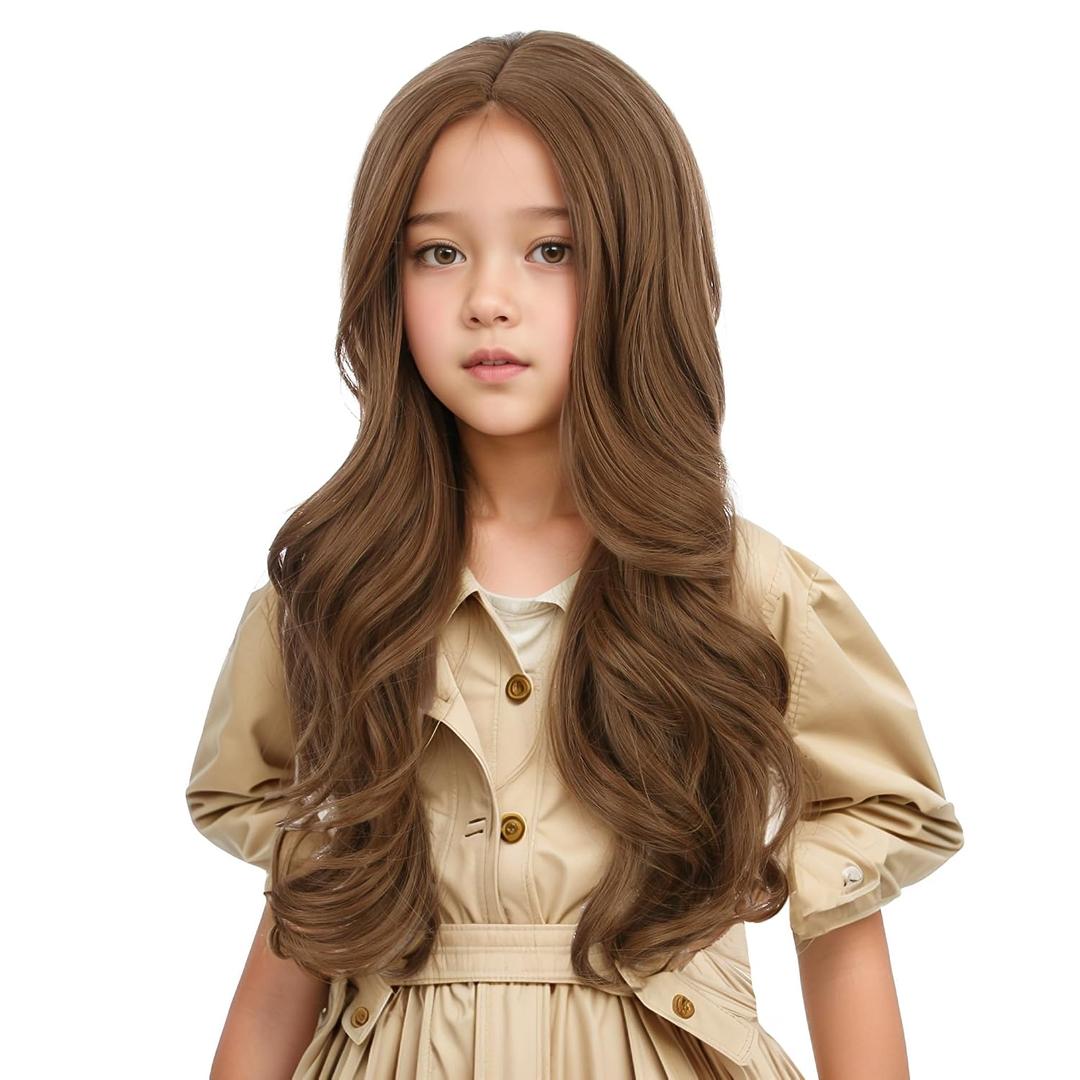Ginger Wig for Kids Children Long Light Brown Wavy Curly Wig Girls Long Ginger Middle Part Wigs Heat Resistant Synthetic Wigs with Cap