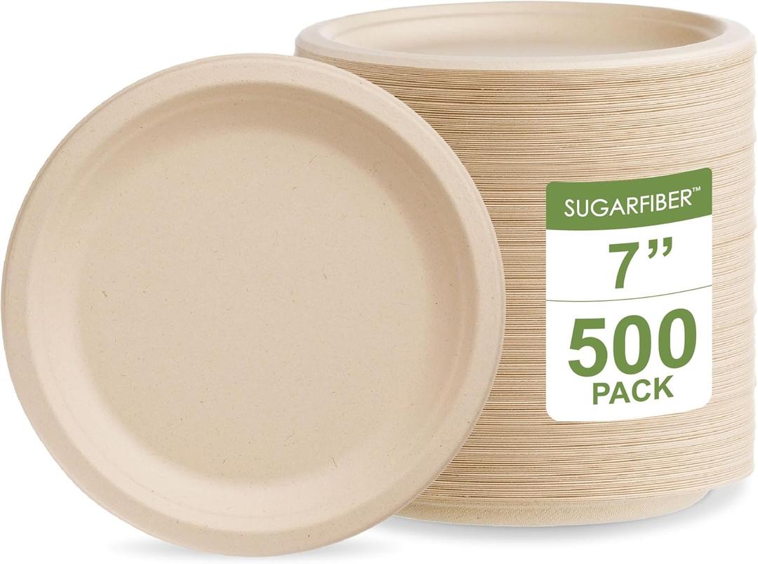 [500 COUNT]Harvest Pack 7 inch Compostable Small Paper Plates, Round Disposable Heavy-Duty Dessert Plates, Natural Bagasse Biodegradable Small Cake Plate Bulk, From Eco-Friendly Sugarcane Plant Fibers