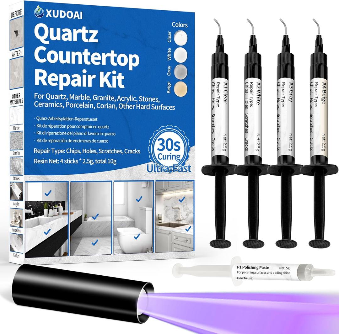 Quartz Countertop Repair Kit (Clear, White, Gray, Beige) 30s Fast Curing DIY Fix Luxury Stone, Granite Marble Acrylic Porcelain Fiberglass Quartz Countertop Chip Repair Kit for Cracks Holes Scratches