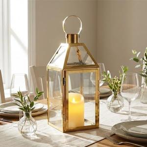 JHY Design Gold Decorative Lanterns 16" H Stainless Steel Candle Lanterns with Tempered Glass for Indoor Outdoor Events Parities and Weddings
