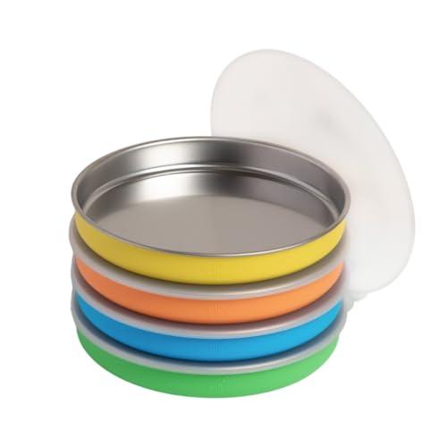 Elk and Friends 7.8” Stainless Steel Non Divided Plates with Silicone Sleeve + Storage Lid | Baby, Toddler, Kids | Dishwasher Safe | Dinner & Snack Plates | 4 Pack