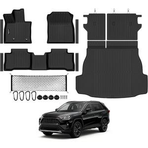 Tongama-Floor Mats for 2026 Toyota RAV4 Hybrid(Not for PHEV)(Trunk Mat Left Side Cuttable), All Weather TPE Trunk Mat & Backrest Mats & Cargo Net & Door Sill Guards for RAV4 Accessories