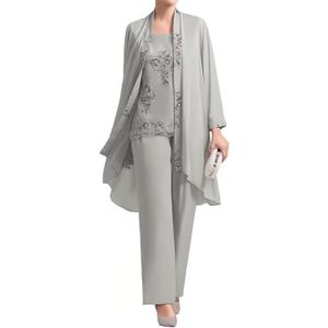 3 Pieces Mother of The Bride Pant Suits - Chiffon Plus Size Wedding Guest Dress Lace Applique Formal Outfit with Jackets Silver Size 14 (Gray)