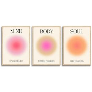 KISSFOX 3 Piece OAK Wood Framed Wall Art Beige Pink Orange Wall Decor Aura Canvas Art Mind Body Soul Pictures Trendy Aesthetic Preppy Paintings For Apartment Dorm Women Girls Bedroom, 12x16 In Canvas
