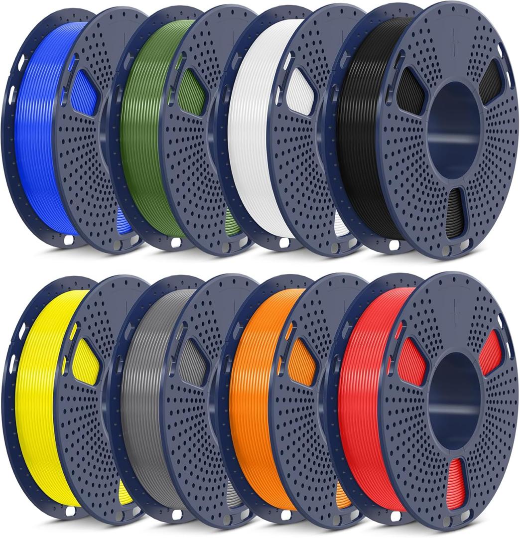 SUNLU PLA+2.0 3D Printer Filament Bundle, Multicolor PLA+ Filament 1.75mm, Individually Vacuum Packed, 0.25kg per Spool, 8 Pack, 2kg Total, Black+White+Grey+Blue+Red+Yellow+Olive Green+Orange