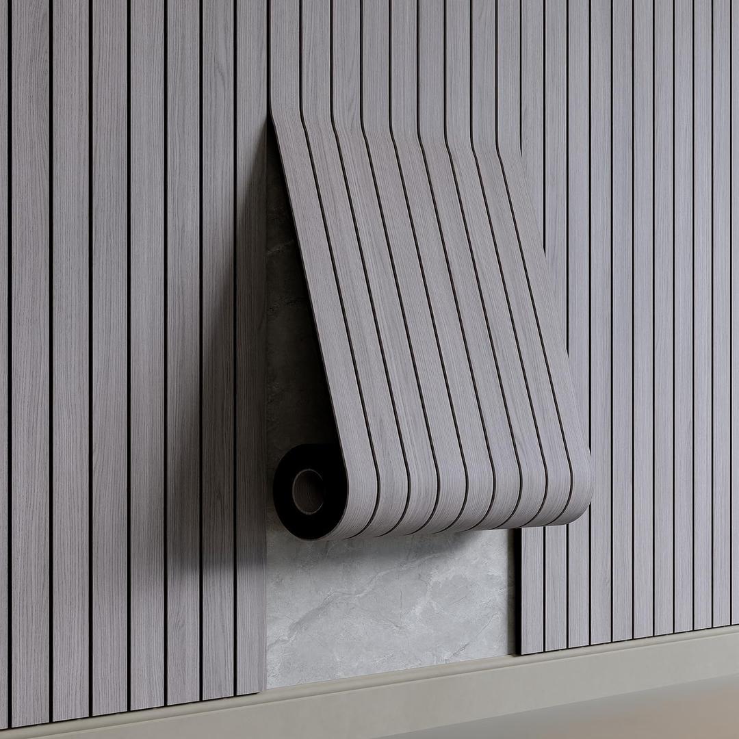YU LI 3DH Peel and Stick PVC Slat Wall Panel 236"x15.75" Self-Adhesive Thick Faux Grey Wood Grain Wallpaper Panel 3D Soundproof Wall Panels for Walls & Ceilings (Gray)