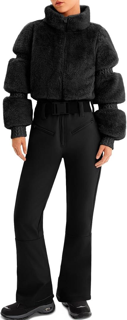 Womens Snow Suits One Piece Ski Suit Faux Fur Collar Jumpsuit Windproof Winter Warm Ski Outfits for Snowboarding (Black, XL)