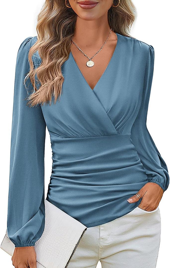 GRACE KARIN Long Sleeve Blouses for Women Dressy Casual, Wrap Tops Work Shirts, 2026 Summer Business Outfits, Large